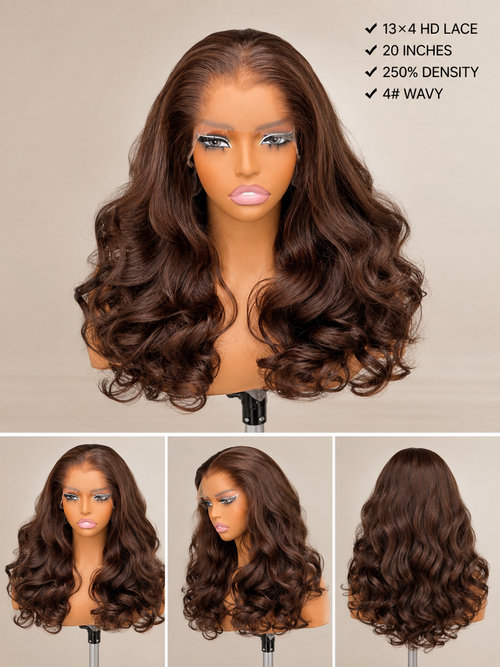Détail ondulations brun chocolat, perruque I AM BROWNIE WAVES